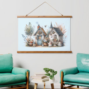 Whimsischer Hütte Garden Wandteppich Mit Holzrahmen