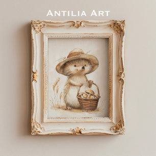 Whimsischer Igel Mushroom Basket Woodland Tier Poster