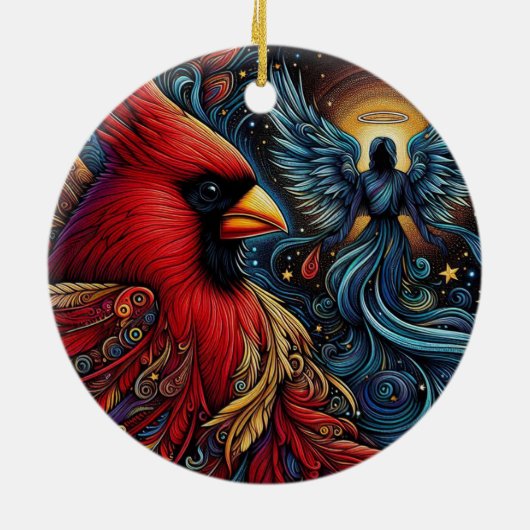 Whimsischer Kardinal und Engel Keramik Ornament (Hinten)