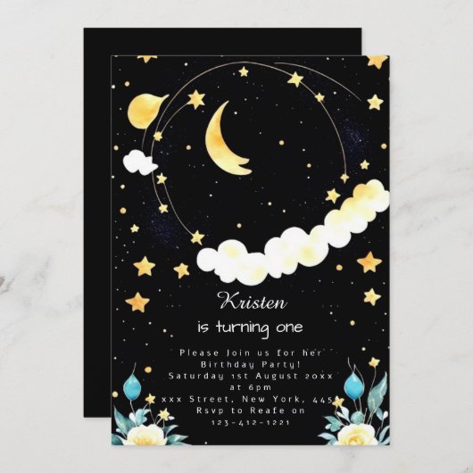 Whimsischer Kindergeburtstag im Weltraum Einladung (Vorne/Hinten)