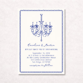 Whimsischer Kronleuchter, blaue, handgezeichnete H Einladung