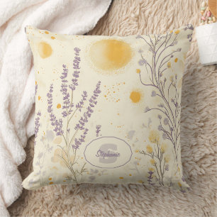 Whimsischer Lavendel und gelbes Blumenmuster Kissen