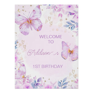 Whimsischer Lila Schmetterling Geburtstag Begrüßun Poster