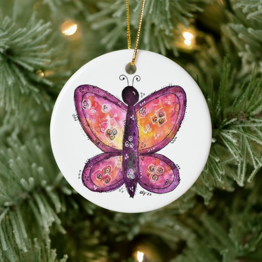 Whimsischer Lila Schmetterling Keramik Ornament (Baum)