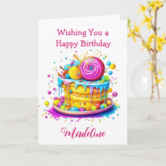 Whimsischer Mattierter Kuchen Personalisiert Gebur Karte (Gelbe Blume)