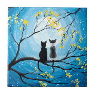 Whimsischer Mond mit Katzen Fliese