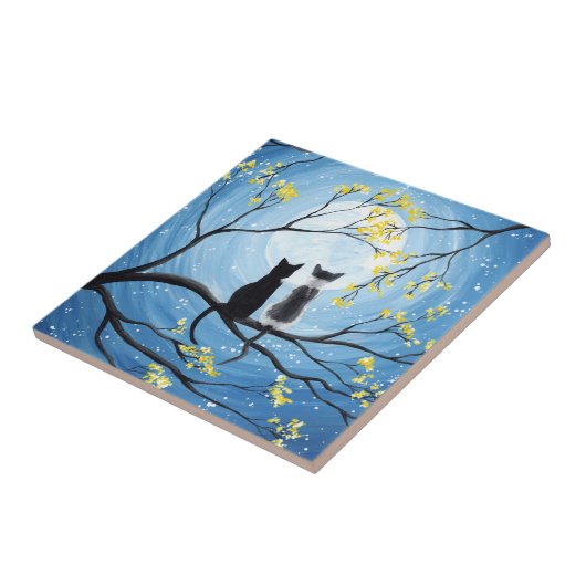 Whimsischer Mond mit Katzen Fliese (Seite)