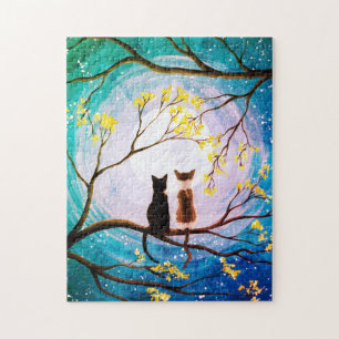 Whimsischer Mond mit Katzen Kunst Puzzle