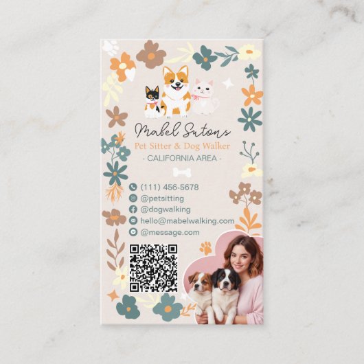 Whimsischer niedlicher Boho Haustierhundwanderer Visitenkarte (Vorderseite)