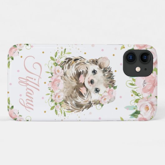 Whimsischer Niedlicher Igel Rosa Blütenblüte Case-Mate iPhone Hülle (Rückseite (Horizontal))