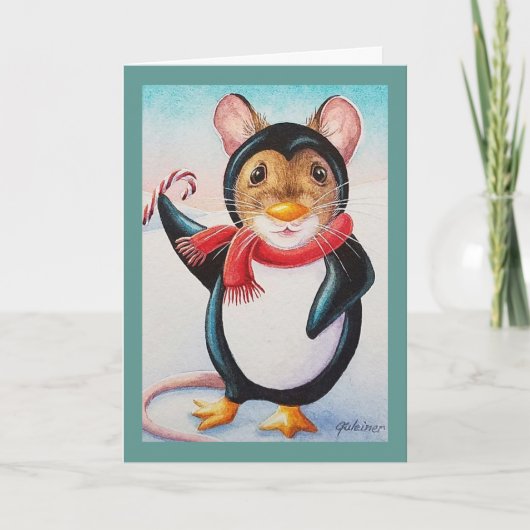 Whimsischer Nordpol Pinguin Mouse Wasserfarbe Kuns Karte (Vorderseite)