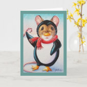 Whimsischer Nordpol Pinguin Mouse Wasserfarbe Kuns Karte (Gelbe Blume)