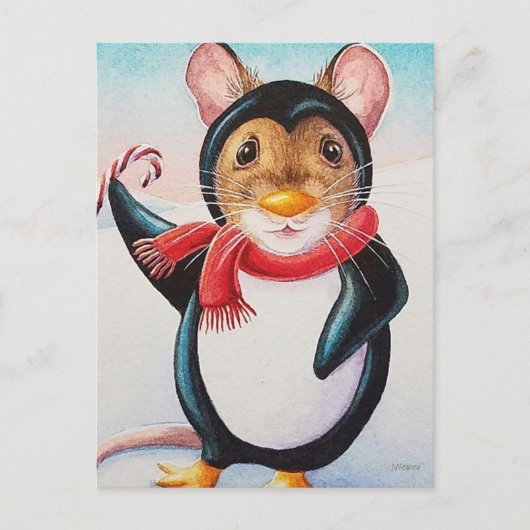 Whimsischer Nordpol Pinguin Wasserfarben Mouse Art Postkarte (Vorderseite)