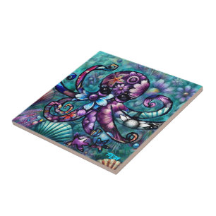 Whimsischer Octopus Floral Aquamarine Lila blaue K Fliese