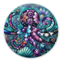 Whimsischer Octopus Floral Aquamarine Lila blaue K