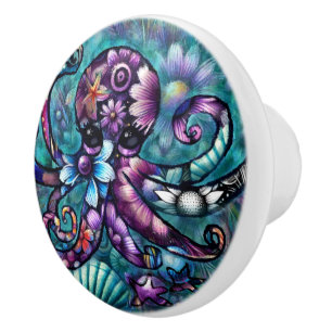 Whimsischer Octopus Floral Aquamarine Lila blaue K Keramikknauf