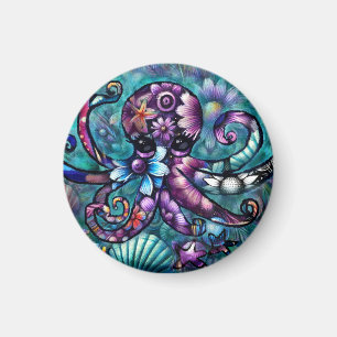 Whimsischer Octopus Floral Aquamarine Lila blaue K Magnet
