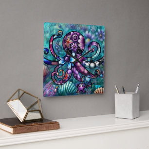 Whimsischer Octopus Floral Aquamarine Lila blaue K Quadratische Wanduhr