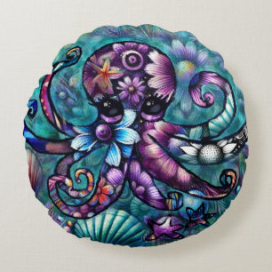 Whimsischer Octopus Floral Aquamarine Lila blaue K Rundes Kissen