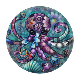 Whimsischer Octopus Floral Aquamarine Lila blaue K Schneidebrett
