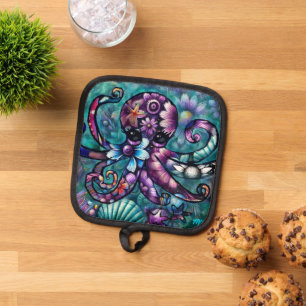 Whimsischer Octopus Floral Aquamarine Lila blaue K Topflappen