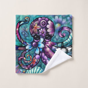 Whimsischer Octopus Floral Aquamarine Lila blaue K Waschlappen