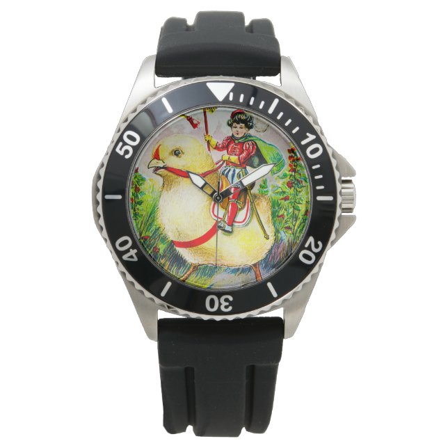 Whimsischer Ostergruss: Rider auf Riesenkick Armbanduhr (Vorderseite)