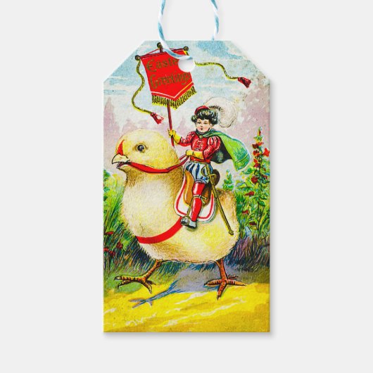 Whimsischer Ostergruss: Rider auf Riesenkick Geschenkanhänger (Vorderseite)