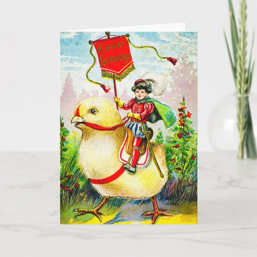 Whimsischer Ostergruss: Rider auf Riesenkick Karte (Vorderseite)