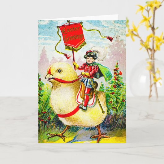 Whimsischer Ostergruss: Rider auf Riesenkick Karte (Gelbe Blume)