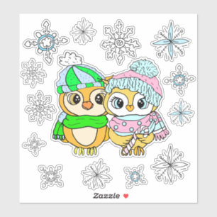 Whimsischer Owls Couple und Schneeflocken Aufkleber