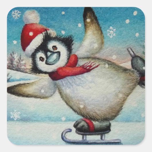 Whimsischer Pinguin Ice Skaten Wasserfarben Kunst, Quadratischer Aufkleber (Vorderseite)