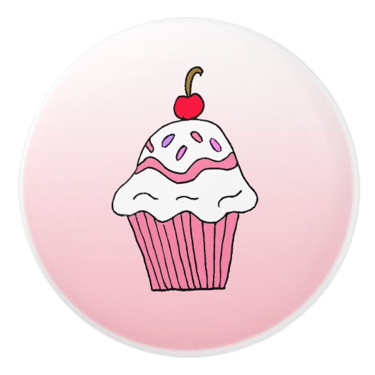 Whimsischer Pink Cupcake mit Cherry oben Keramikknauf (Vorderseite)