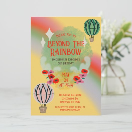Whimsischer Rainbow Hot Air Ballon Kindergeburtsta Einladung (Stehend Vorderseite)