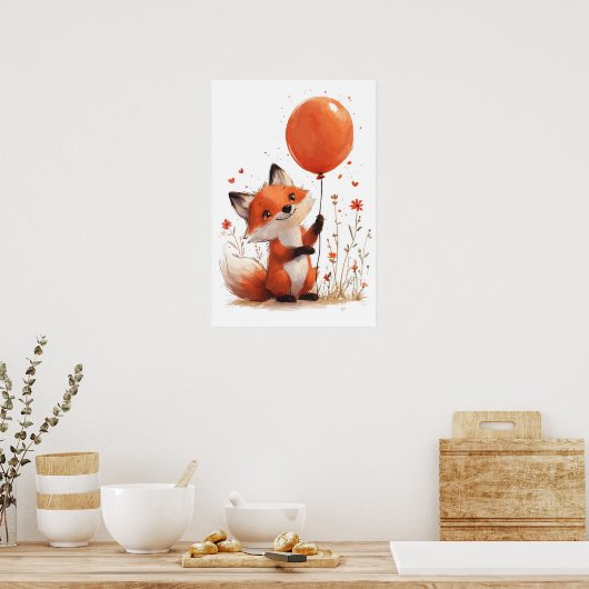 Whimsischer Red Fox mit Orange Balloon Poster (Küche)