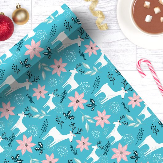 Whimsischer Rentier & Poinsettia Weihnachtsfest Geschenkpapier