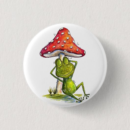 Whimsischer Schlaffrosch unter einem Pilz Button (Vorderseite)