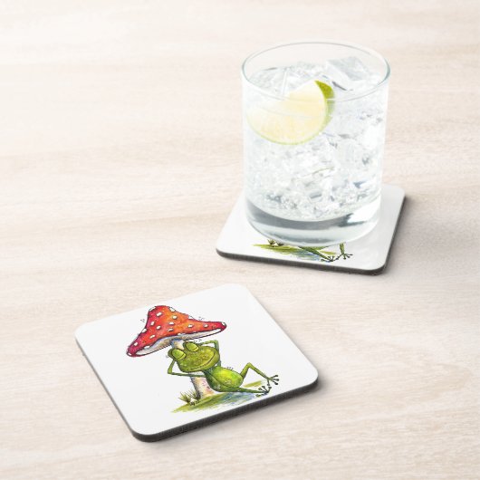 Whimsischer Schlaffrosch unter einem Pilz Getränkeuntersetzer (Rechte Seite)