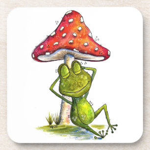 Whimsischer Schlaffrosch unter einem Pilz Getränkeuntersetzer