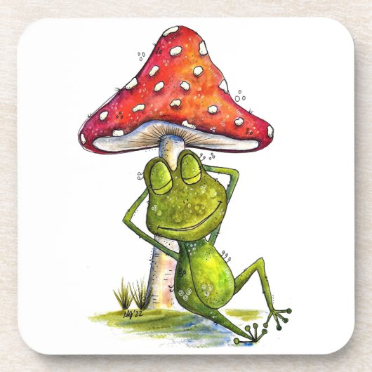 Whimsischer Schlaffrosch unter einem Pilz Getränkeuntersetzer (Vorderseite)