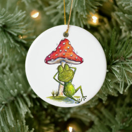 Whimsischer Schlaffrosch unter einem Pilz Keramik Ornament