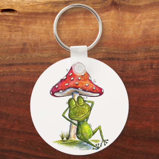 Whimsischer Schlaffrosch unter einem Pilz Schlüsselanhänger (Vorderseite)