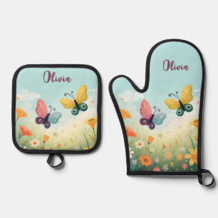 Whimsischer Schmetterlingsgarten in Pastell Ofenhandschuh & Topflappen-Set