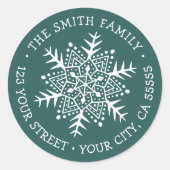 Whimsischer Schneeflocken Kieferngrün Rücksendeadr Runder Aufkleber (Vorderseite)