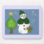 Whimsischer Schneemann mit Birdhouse Mousepad (Vorne)
