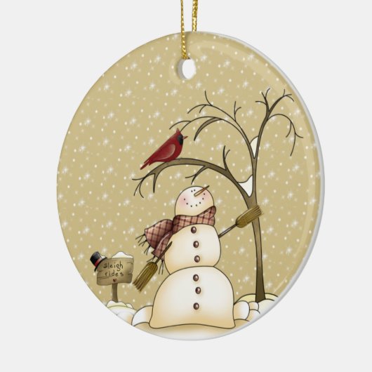 Whimsischer Schneemann und Red Bird Weihnachten Keramik Ornament (Links)