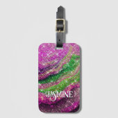 Whimsischer, schwach rosa grüner Glitzer Monogramm Gepäckanhänger (Vorderseite Vertikal)