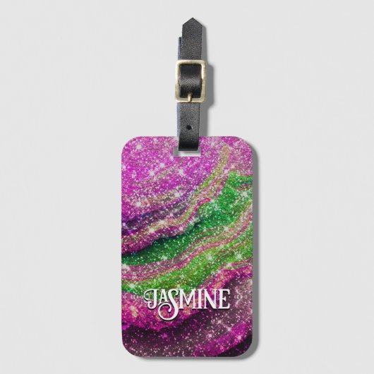 Whimsischer, schwach rosa grüner Glitzer Monogramm Gepäckanhänger (Vorderseite Vertikal)