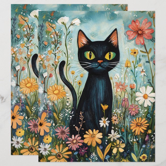 Whimsischer Schwarzer Katze mit Blume Scrapbook Pa (Vorne/Hinten)