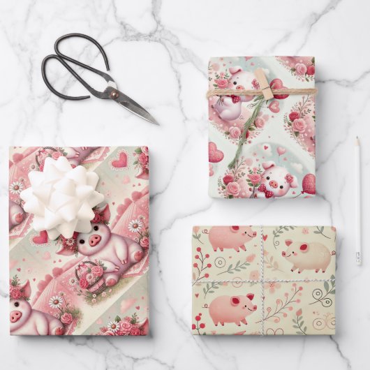 Whimsischer Schweinefleisch-Valentinstag Geschenkpapier Set (Vorderseite)
